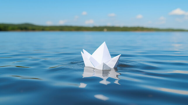 A small white origami paper boat gracefully floating on the clear blue river or sea water, under the radiant summer sky.
