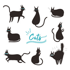 Simple Black Cat Character Illustration Set