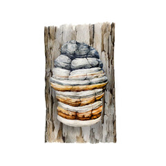 Agarikon mushroom growing on a tree trunk. Natural image. Watercolor illustration. Hand painted Fomitopsis officinalis fungus. Eburiko or quinine conk grow on a tree. White background - obrazy, fototapety, plakaty