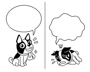Vector cartoon character cute boston terrier dog expressing different emotions with speech bubbles for design.