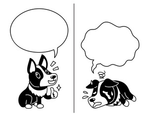 Vector cartoon character corgi dog expressing different emotions with speech bubbles for design.