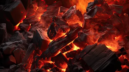 Papier Peint photo Texture du bois de chauffage Close-up of burning lumpy briquette coal as an abstract background. The texture of the fiery coals of a campfire smoldering fire. Generative AI