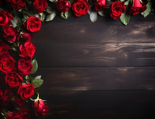 Rose Floral Border with Copy Space on a Dark Wood Surface