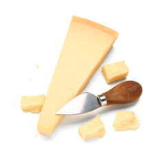 Pieces of tasty Parmesan cheese with knife on white background