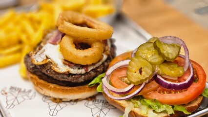 hamburger burger with ban french fries on table bacon egg onion