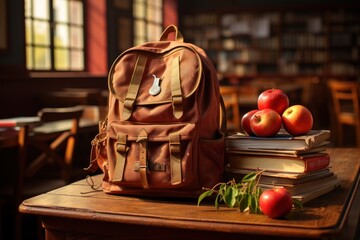 Back to school and happy times! Apples, stacks of books, and a backpack were on the table at the elementary school.