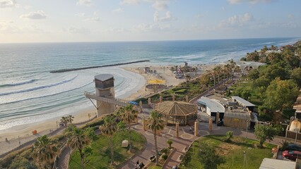 panoramic beach sea promenade esplanade netanya israel sky sunset sun © oshri