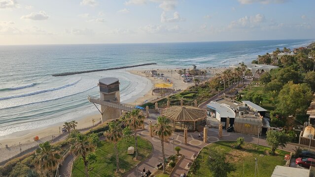 panoramic beach sea promenade esplanade netanya israel sky sunset sun