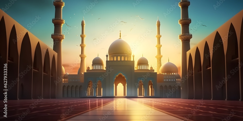 Wall mural illustration of the beautiful shiny mosque and ramadan islamic culture icon and with beautiful sun light, The landmark, generative AI