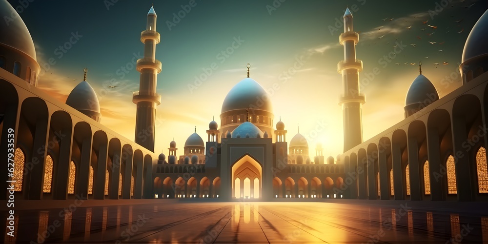 Wall mural illustration of the beautiful shiny mosque and ramadan islamic culture icon and with beautiful sun light, The landmark, generative AI