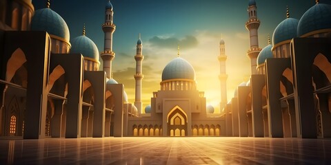 illustration of the beautiful shiny mosque and ramadan islamic culture icon and with beautiful sun light, The landmark, generative AI