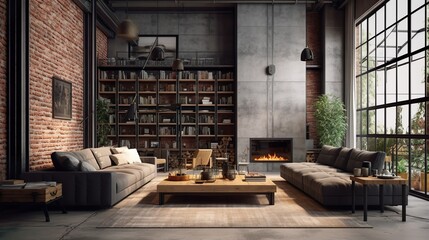 Obraz na płótnie Canvas living room interior in loft industrial style with fireplace. Generative AI