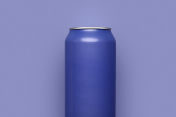 Can of soda on lilac background, closeup