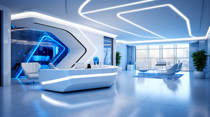 Technology company reception, with a futuristic high tech design, in white and blue colors