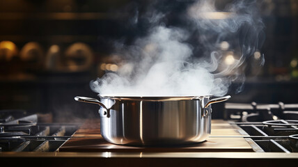 Steam rises from a stainless pot in a kitchen