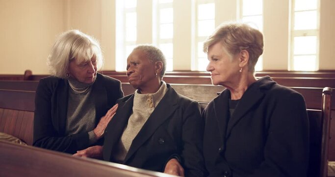 Funeral, church and senior women for comfort for empathy, compassion and support. Depression, friends and sad female people with care for mourning, grief and sorrow in chapel for death ceremony