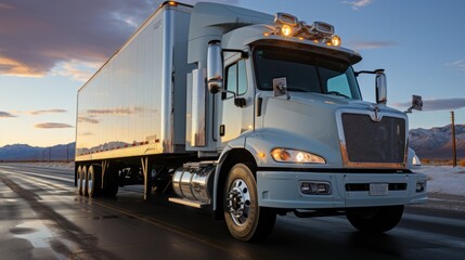 White industrial heavy commercial long haul semi-truck frozen cargo in refrigerated semi-trailer drives on the interstate multi-lane highway with one-way traffic direction.