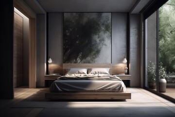 Modern minimalistic bedroom interiour, Generative AI