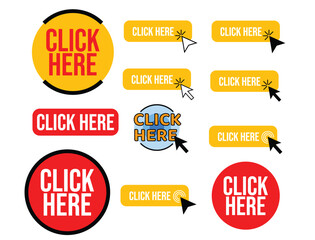 Set of 'Click Here' Labels and Stickers Isolated on White Background