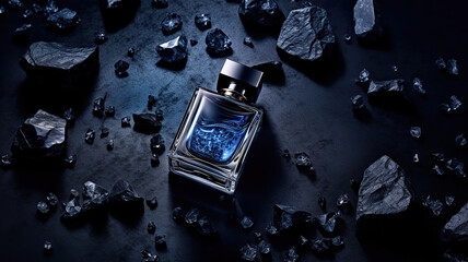 bottle of perfume is placed on a piece of black rock