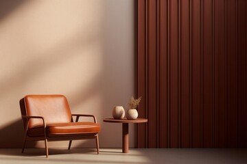 The Comfort of Home, Hazy Light, Leather Chair, and the Warmth of Light Orange and Bronze Minimalist, generative ai