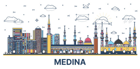 Obraz premium Outline Medina Saudi Arabia City Skyline with Colored Modern and Historic Buildings Isolated on White.