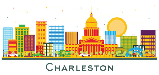Fototapeta premium Charleston City Skyline with Color Buildings Isolated on White. West Virginia.