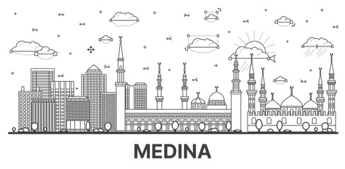 Outline Medina Saudi Arabia City Skyline with Modern and Historic Buildings Isolated on White.