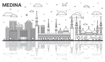 Outline Medina Saudi Arabia City Skyline with Reflections and Historic Buildings Isolated on White.