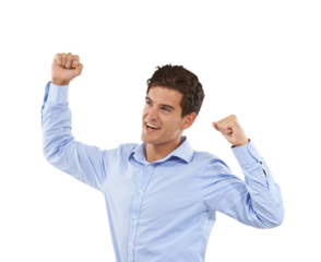Success, winner and business man with yes, celebration and happy bonus, news or profit achievement. Sales, target or power of corporate person or model fist isolated on a transparent, png background