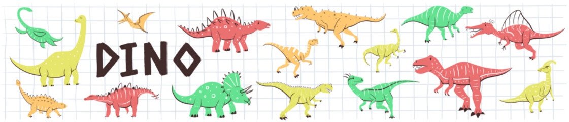 Cute Dinosaurs set. Hand drawn. Doodle cartoon dinosaur characters for nursery posters, cards, kids t-shirts. Vector illustration. Isolated Dino on white background.