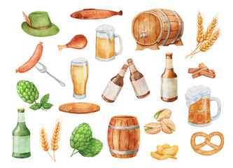 Mug of beer with foam and bottles, wooden barrel and snack. Glass mug with drink. Watercolor illustrations set isolated on white background.