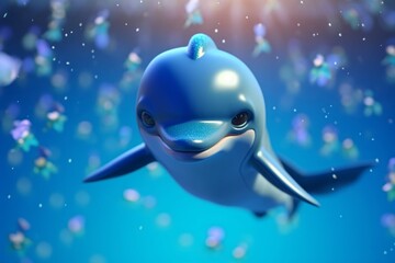 Cute little baby dolphin swimming in the ocean.  Smiling Dolphin with Bokeh Background