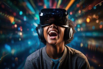 Excited teenage wearing VR headset with a big smile on face, enjoying a virtual reality experience that sparks wonder and joy. Generative AI