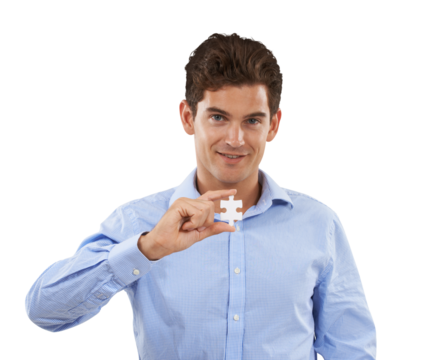 Portrait, puzzle and problem solving with a young man with a game for confidence and happiness. Face, creative or connect and male employee with a jigsaw piece isolated by transparent png background.