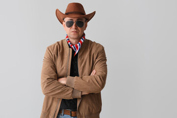 Mature cowboy in sunglasses on light background