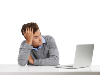 Computer work, businessman and bored employee reading and thinking of web data on internet. Tired, online and young professional male corporate lawyer on laptop isolated by transparent png background