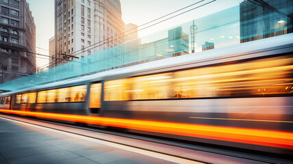 Fototapeta na wymiar train speeds past in an urban city