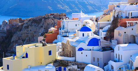The famous of landscape view point as blue church scene at Oia town on Santorini island, Greece