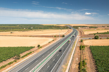 Highways of Romania. Aerial view of A2 highway road between Constanta and Bucharest, during a...