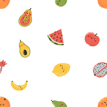 Vector seamless pattern with different fruits and happy faces. Apple banana kiwi lemon lime kiwi watermelon orange avocado pear lime pineapple pitahaya papaya. Vector illustration