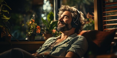 Relaxed guy listening music on smartphone with wireless headphones, relaxing on couch at home Generative AI