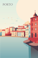 Portugal Lisbon city retro poster with abstract shapes of landmarks, coastline, skyline. Vintage travel vector Portuguese cityscape waterfront illustration - obrazy, fototapety, plakaty