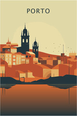 Portugal Lisbon city retro poster with abstract shapes of landmarks, houses, skyline. Vintage travel vector Portuguese cityscape illustration - obrazy, fototapety, plakaty