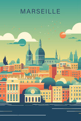 Obraz premium France Marseille retro city poster with abstract shapes of skyline, landmarks and port. Vintage cityscape travel vector illustration of Provence-Alpes-Côte d'Azur