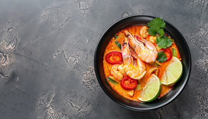 Tom Yam kung Spicy Thai soup with shrimp in a black bowl on a dark stone background, top view, copy...