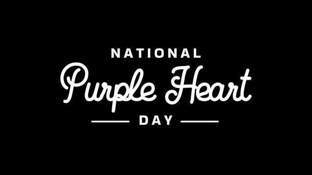 National Purple Heart Day lettering text animation in white color on transparent background alpha channel
