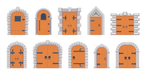 Medieval wooden doors with brick stone arch different shape set isometric vector illustration