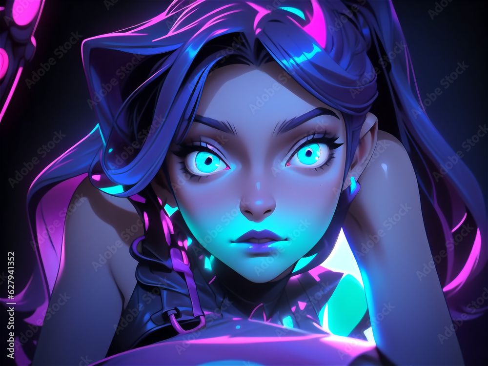 Wall mural Anime girl waifu portrait in neon lights, veaporwave, synthwave, retro.  girl with purple hair and neon lights.