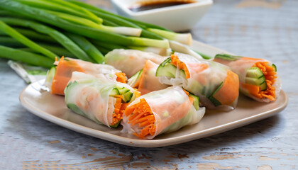 Vegan spring rolls with carrots, cucumber, green onions and rice noodles, selective focus